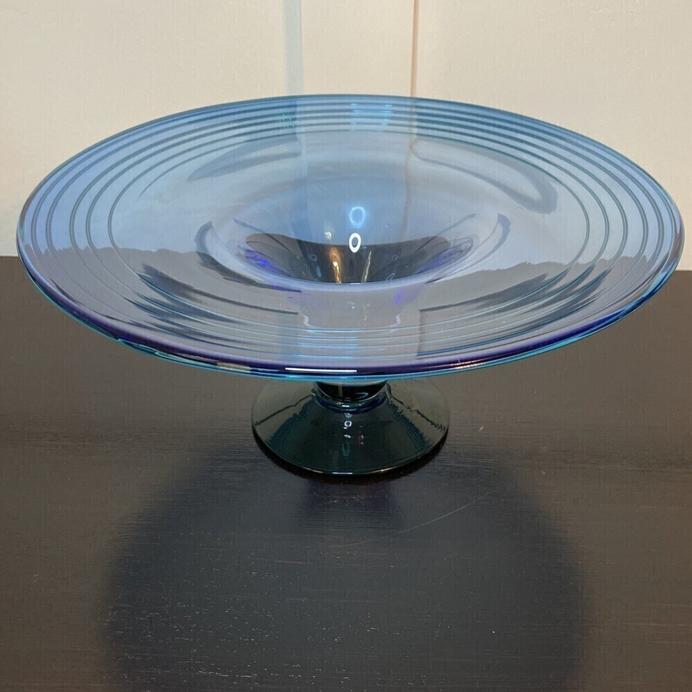 Signed Richard Blenko Art Glass Console Centerpiece - Blue/Green Designer Series